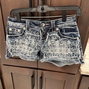 Miss Me Blue Aztec Print Frayed Denim Shorts